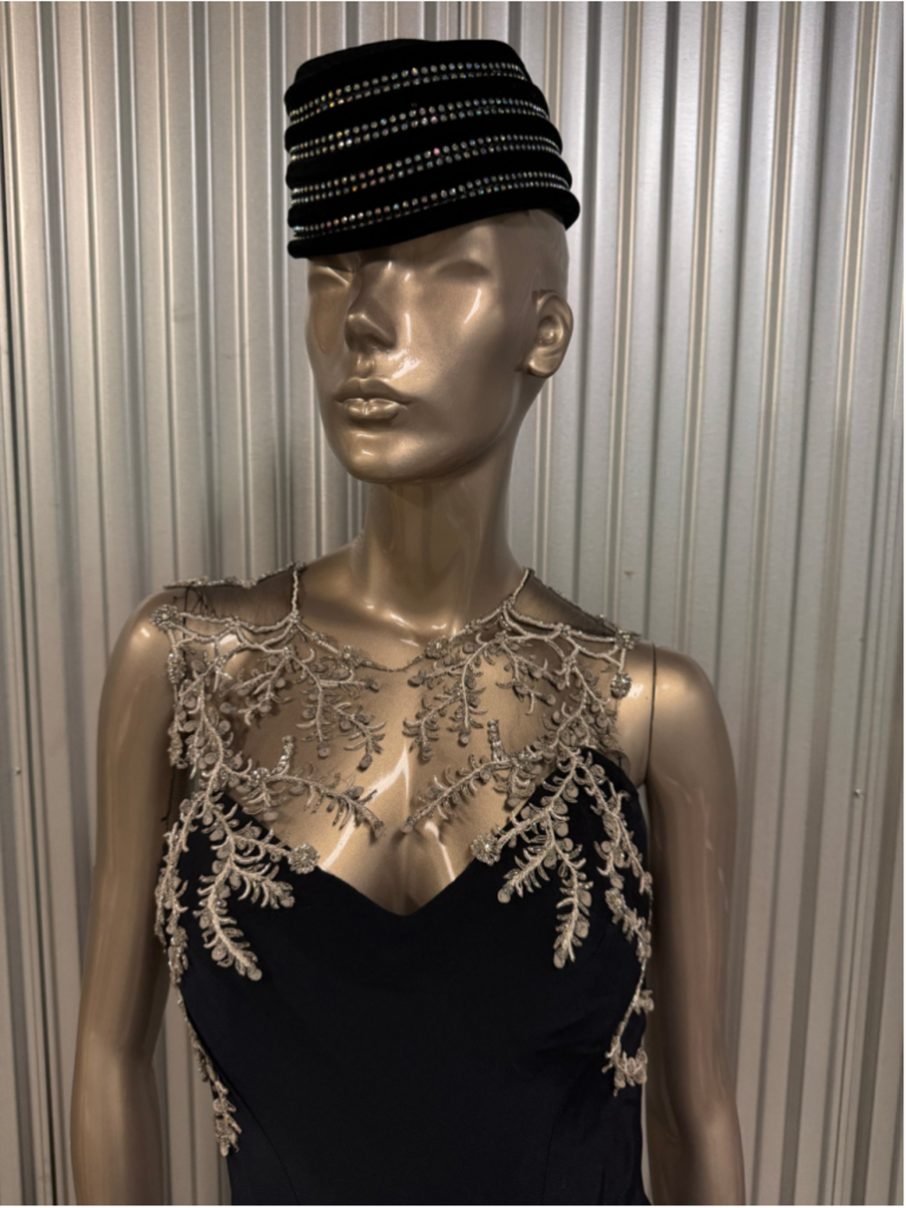 Anna Maier Couture Navy Blue Formal Gown | Silver Embroidered Illusion Bodice | - Picture 3 of 17